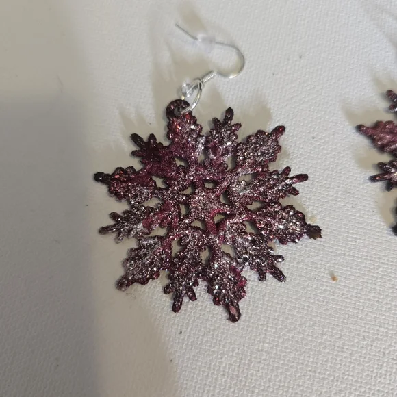 HANDCRAFTED Snowflake Earrings HANDPAINTED HANDMADE Shimmery Holiday Jewelry - Picture 5 of 11